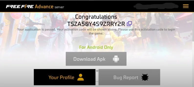 Free Fire Advance Server activation code