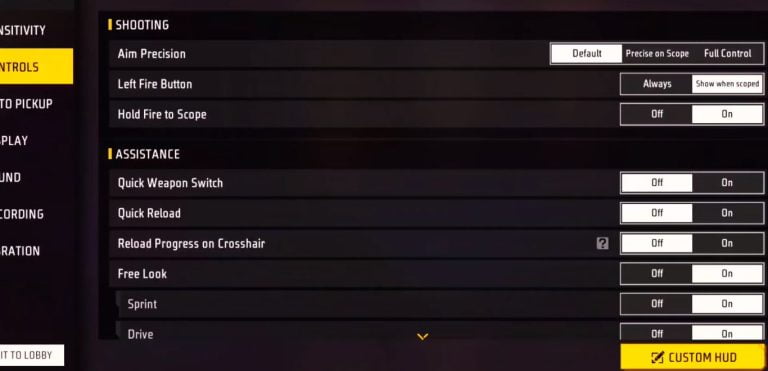 Free Fire control settings